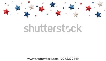 Red White Blue Star Border Background. Patriotic American Celebration Banner with 3D Stars, Independence Day Decoration Template for 4th of July, Memorial Day, National Holiday Vector Design