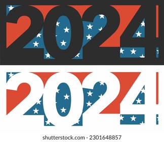 Red, white and blue with stars represent election year in the USA. The numbers of the year 2024 are seen in a colorful graphic 3-d  illustration to use for New Years or other events of 2024.