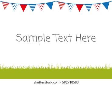 Red, white and blue stars and striped bunting flags with green grass footer with space for copy