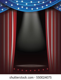 Red, white and blue starts and stripes curtains background. Spotlight and stage with copy space. American flag backdrop. EPS 10 vector.