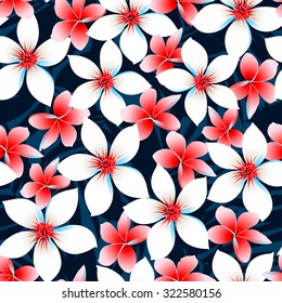 Red white and blue tropical flowers seamless pattern.