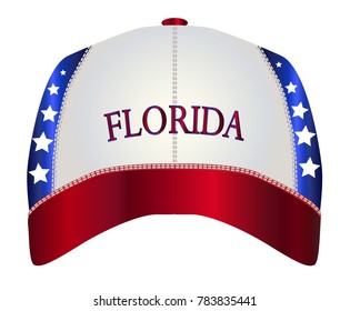 A red white and blue typical baseball cap with Florida as the logo