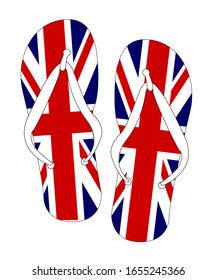 Red white and blue UK Union Jack flag flip flop shoe silhouette on a white background