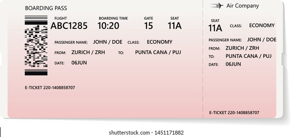 Red and white boarding pass. Vector illustration of airline ticket. Concept of travel by plane
