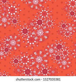 Red and white bohemian Christmas lace snowflakes vector seamless pattern on orange dots background for fabric, wallpaper, scrapooking projects for the winter Holidays. Surface pattern design.