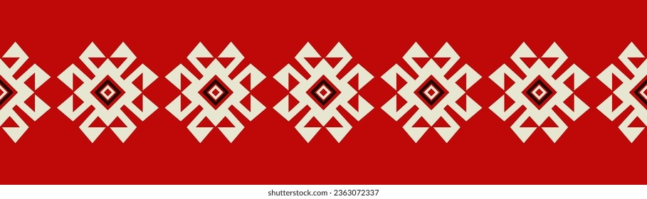 Red and white border with ornamental elements. Ethnic horizontal motif. Geometric boho seamless line