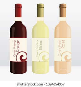 Red, white and rosé bottles of wine. Vector marketing illustration. French virtual brand names.