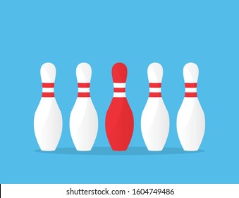 red and white bowling pins at different on blue background. business finance concept. Leaders and different thinking for success. vector illustration modern flat design.