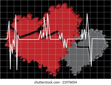red and white broken heart and cardiogram