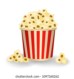 Red white bucket with popcorn isolated on white background. Vector illustration.