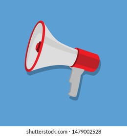 Red and white bullhorn public address megaphone isolated on blue background