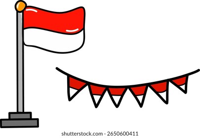 Red and white bunting flag indonesian independence day ceremony, elements of indonesian flag, Red and white flag. Bendera merah putih. Collection of Indonesian flag flat art style	