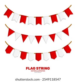 Red and White Bunting Flag vector set design in Flat style, Party decoration graphic elements, Christmas, Birthday and Festive celebration clip art on white background, vector stock