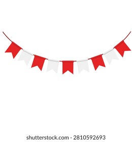 Red and White Bunting Flags Garland for Indonesian Independence Day Celebration on White Background