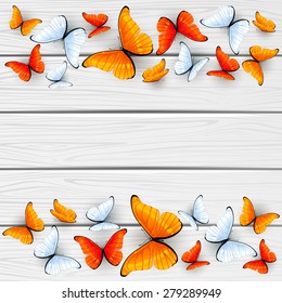 Red and white butterflies on wooden background, illustration.