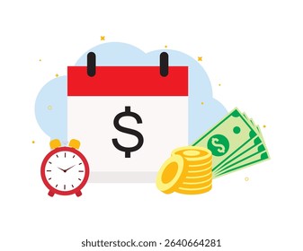 Red and White Calendar with Black Dollar Sign, Red Alarm Clock, Green Bills, and Gold Coins for Finance