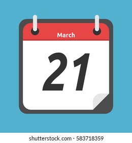 Red and white calendar showing 21 of March date isolated on blue background. Spring equinox and time concept. Flat design. Vector illustration. EPS 8, no transparency