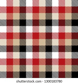 Red, White, Camel Beige  and  Black  Tartan Plaid Scottish Seamless Pattern. Texture from tartan, plaid, tablecloths, shirts, clothes, dresses, bedding, blankets and other textile. 