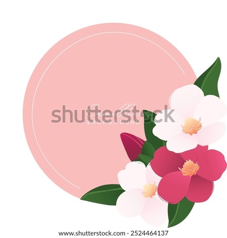 Red and white camellia flowers pattern background. Red Camellia Flower pattern design. Tsubaki Camellia flower and leaves botanical painting. Vector illustration Floral invitation card design.
