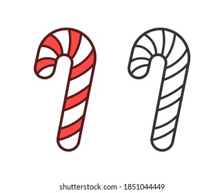 Red and white candy cane cartoon illustration colored, black and white outline set. Simple easy coloring activity for children, nursery, kindergarten, kids.