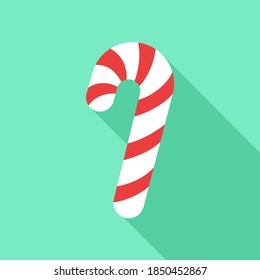 Red and white candy cane icon with long shadow on mint background. Christmas decoration element for your greeting cards, posters, prints for clothes, flyers, emblems, etc. Simple flat vector design.