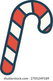 Icono de bastón de caramelo rojo y blanco en estilo plano delineado