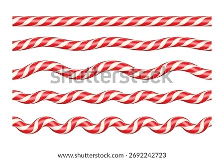 Red and white candy cane ropes in various wave patterns. Festive twisted lines with increasing curvature for Christmas borders, dividers, decorative holiday designs. Realistic vector illustrations