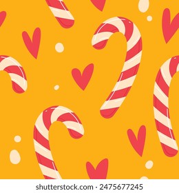 Red white candy canes decorating orange background red hearts white dots, illustration classic Christmas candy elements. Bright, festive pattern wrapping paper, cards, decor