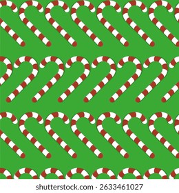 Red white candy. Christmas cane icon. Green holiday background. Sweet vector treat.