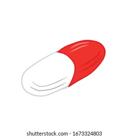 Red and white capsule isolated on white background. Pill for treating diseases, Concept of antibiotics, painkiller, antiplatelet drugs, vitamines. Medical element for print, decorating, poster