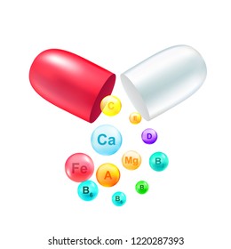 Cápsula vermelha e branca com conceito de modelo complexo multi-vitamínico. Fundo de pílula realista. Ilustração vetorial,