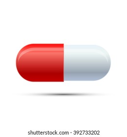 Red and white capsule, pill icon with shadow isolated on white