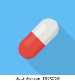 Red and white capsule pill on blue background, Flat medicine icon