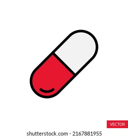 Icono de vector de cápsula roja y blanca o Pill en estilo de diseño plano para diseño de sitio web, aplicación, interfaz de usuario, aislado en fondo blanco. Símbolo de la cápsula. Trazo editable. Ilustración vectorial EPS 10.