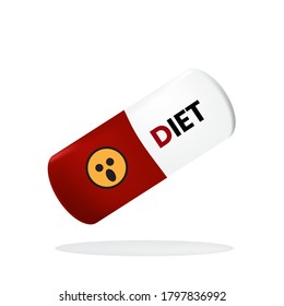 Comprimidos con cápsulas de color rojo y blanco Tiene las letras Dieta y Emoticonos que expresan cómo se siente impactado.