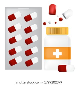 Red and white capsule tablets packaged in a silver pillbox. White medicine jar With a yellow cap and label,Red and white capsule tablets 
 on white background.