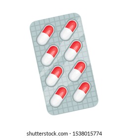 Red white capsules in a blister. Vector illustration on a white background.