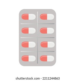 Rote und weiße Kapseln in einer Packung. Ein Teller mit roten und weißen Tabletten. Vektordesign