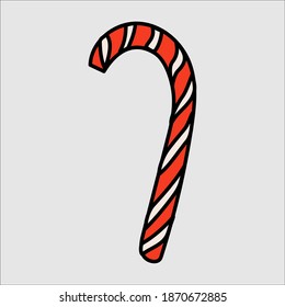 red and white caramel cane on a gray background. Doodle style isolated drawing. ESP 10