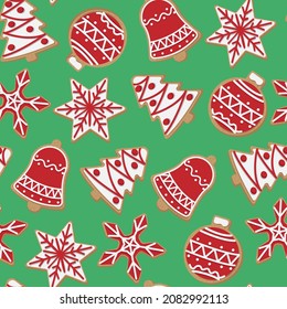 Red, White Cartoon Christmas Cookies Isolated On Green Background. Vector Seamless Pattern.