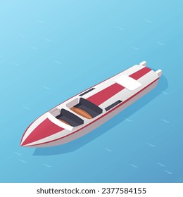 Red and white cartoon motor boat without cabin. Blue ocean water. Sea marine ship. Nautical transport. Summer vacation. Holiday cruise, adventure journey. Isometric vector illustration