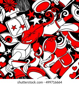 Red and white cartoon psychedelic seamless pattern with abstract heap of decorative cosmetics on a black background. Beauty concept. 