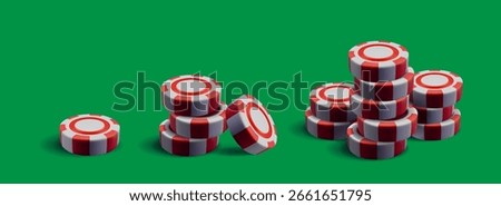 Red and white casino chips stacked on green table - 3d poker tokens in various piles for gambling game design. Striped betting coins from single piece to tall stack for online gaming visuals.