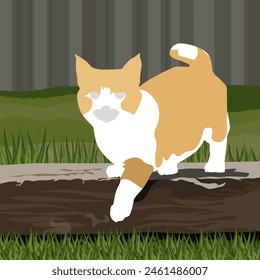 Eine rot-weiße Katze kletterte auf einen Holzblock im Garten. Die Illustration ist in warmen Farben angefertigt. Das Bild vermittelt Verspieltheit, Glück und Spaß. 
