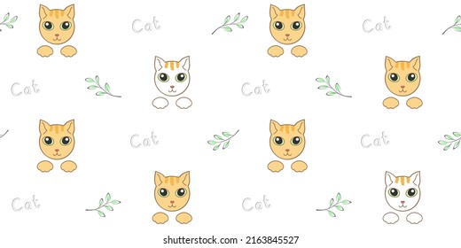 Red and white cat faces, paws, inscription and branches on a white. Endless texture with cute kittens. Vector seamless pattern for wrapping paper, cover, wrapper, surface texture, nursery room, print