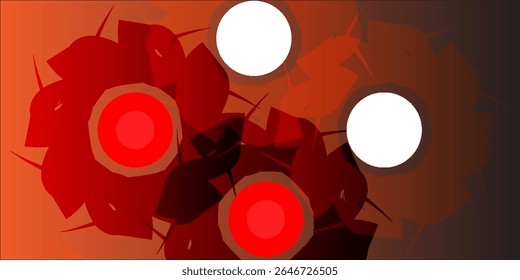  vermelho e branco centra-se em um fundo marrom gradiente, design de flor dupla abstrato com brilho caracterizando pétalas simétricas e pontiagudas em um estilo digital.