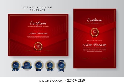 Plantilla de borde de certificado de logro rojo y blanco con placa de lujo y patrón de línea moderno. Para las necesidades de premios, negocios y educación