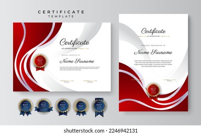 Red and white certificate of achievement border template with luxury badge and modern line pattern. For award, business, and education needs
