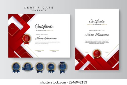 Red and white certificate of achievement border template with luxury badge and modern line pattern. For award, business, and education needs