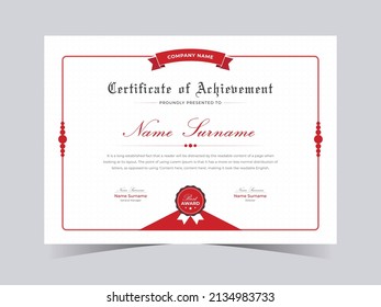 Design-Template für Red and White Certificate Award, Zertifikat Premium-Vorlage Auszeichnungen Diplom, Bewertungsvorlage für Zertifikate, Vektor-Vorlage für Diplomzertifikate.  